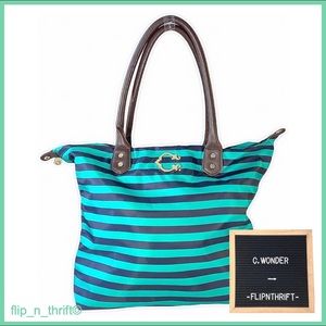 🌊C. WONDER Teal/Navy Blue Striped Zipper Tote
